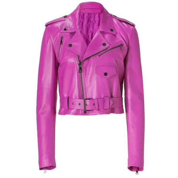 Women’s Lime Green and Pink Belted Motorcycle Leather Jacket