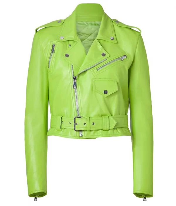 Women’s Lime Green and Pink Leather Motorcycle Jacket