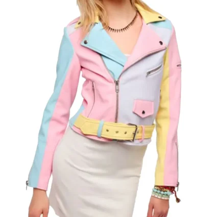 Women’s Moto Rainbow Pastel Faux Leather Jacket