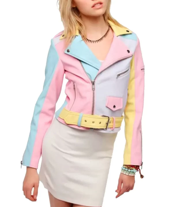 Women’s Moto Rainbow Pastel Faux Leather Jacket