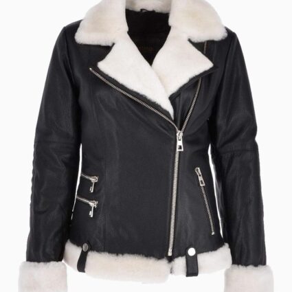 Womens Shearling Black Sheepskin Bomber Black Leather Jacket