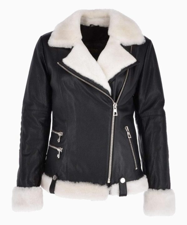 Womens Shearling Black Sheepskin Bomber Black Leather Jacket