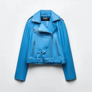 Aqua Blue Biker Real Leather Jacket