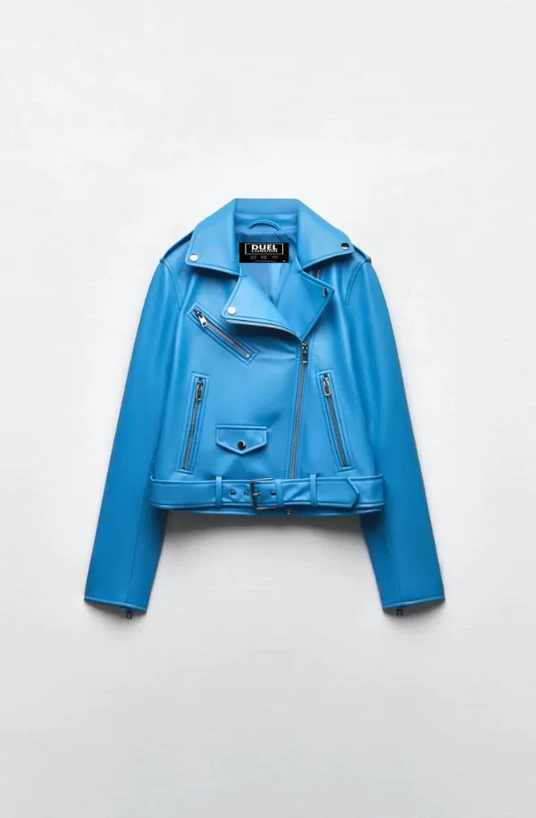 Aqua Blue Biker Real Leather Jacket