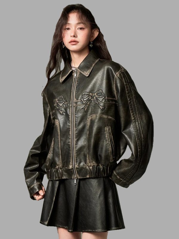 Diddi Moda Black Bowknot Leather Jacket - A2 Jackets