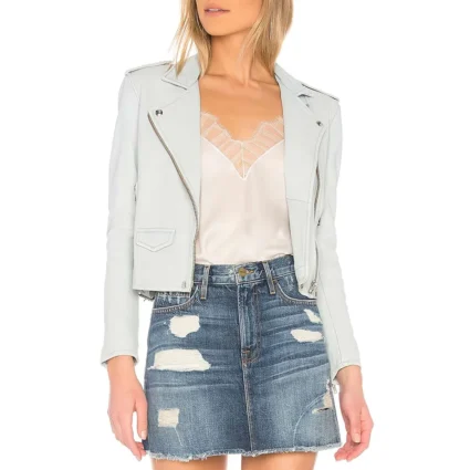 Emily in Paris Lily Collins Light Blue Leather Jacket