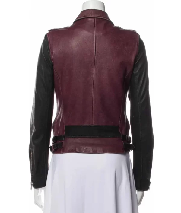 Famous in Love Paige Townsen Burgundy and Black Biker Leather Jacket