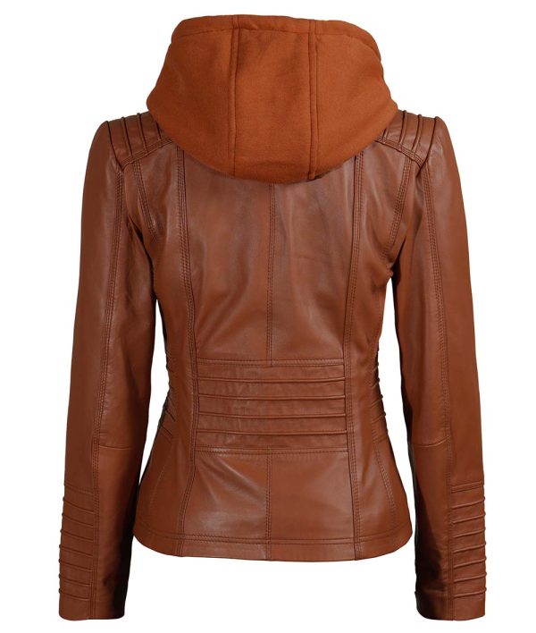 Helen Womens Leather Tan Jacket with Removable Hood