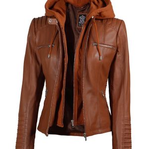 Helen Womens Tan Leather Jacket with Removable Hood