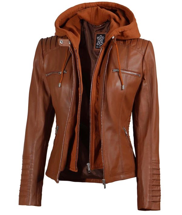 Helen Womens Tan Leather Jacket with Removable Hood