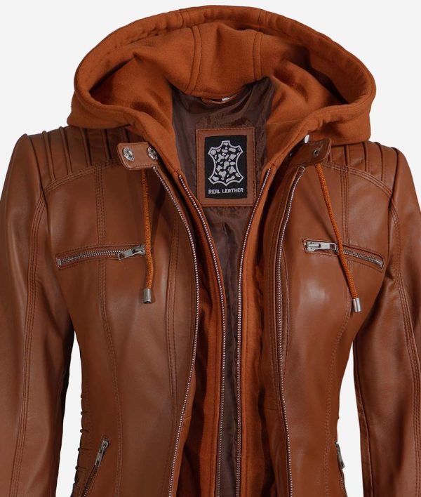 Helen Womens Tan Leather Zip Jacket with Removable Hood