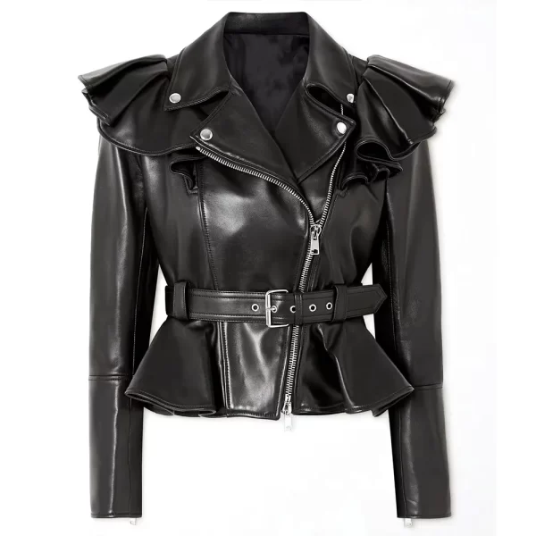 Kelly Clarkson The Voice Belted Ruffled Black Leather Jacket