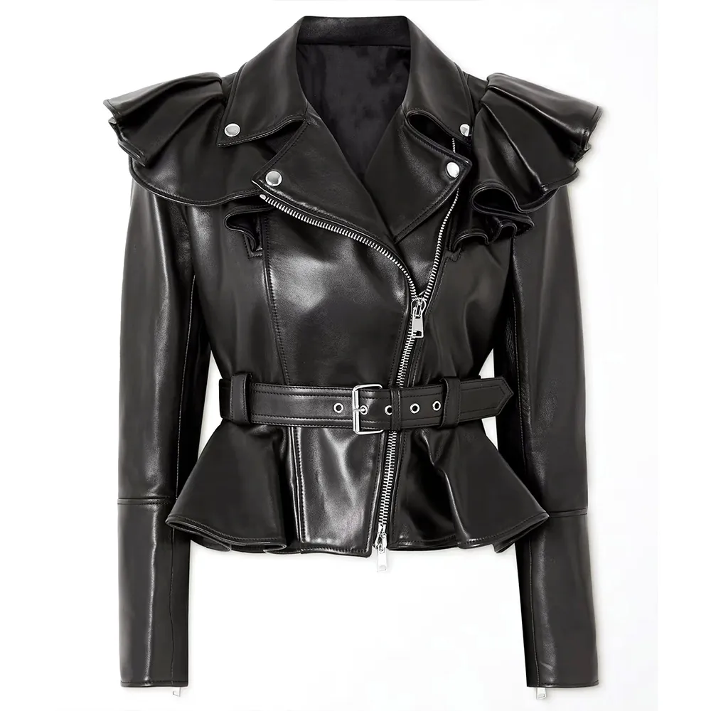 Kelly Clarkson The Voice Belted Ruffled Leather Jacket - A2 Jackets