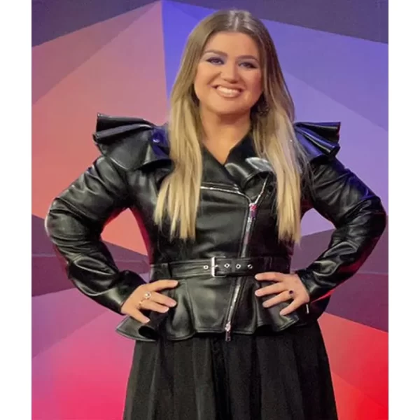 Kelly Clarkson The Voice Belted Ruffled Leather Jacket