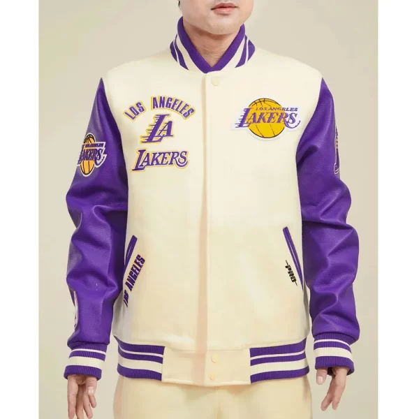 LA Lakers Retro Classic Rib Off White and Purple Varsity Jacket