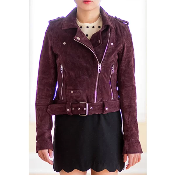 Lucifer S06 Brianna Hildebrand Burgundy Suede Leather Jacket