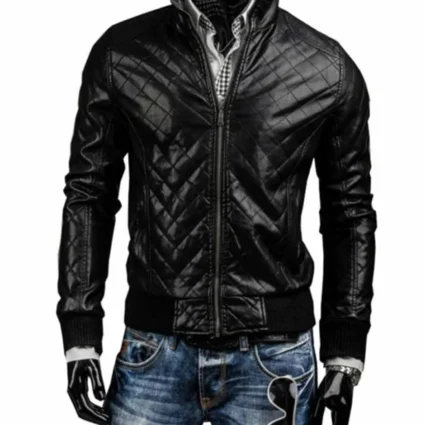 Men’s Bomber Slim Fit Black Leather Quilted Jacket