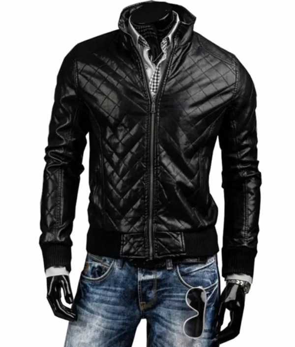 Men’s Bomber Slim Fit Black Leather Quilted Jacket