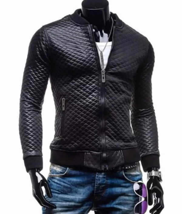 Men’s Bomber Slim Fit Diamond Quilted Black Leather Jacket