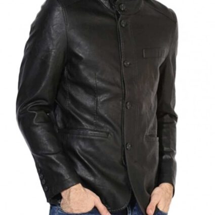 Men’s Button Closure Stand Up Collar Black Leather Blazer