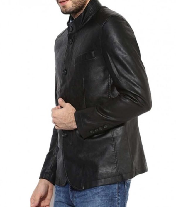 Men’s Button Closure Stand Up Collar Leather Black Blazer