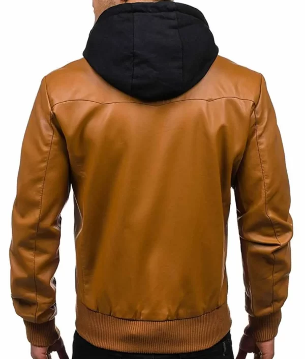 Men’s Camel Brown Bomber Leather Jacket With Removable Black Hoodie