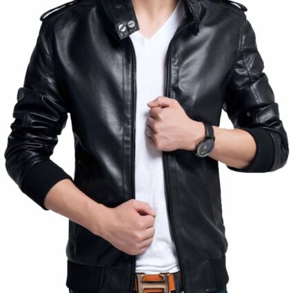 Men’s Casual Rib Knitted Slim Fit Faux Leather Jacket