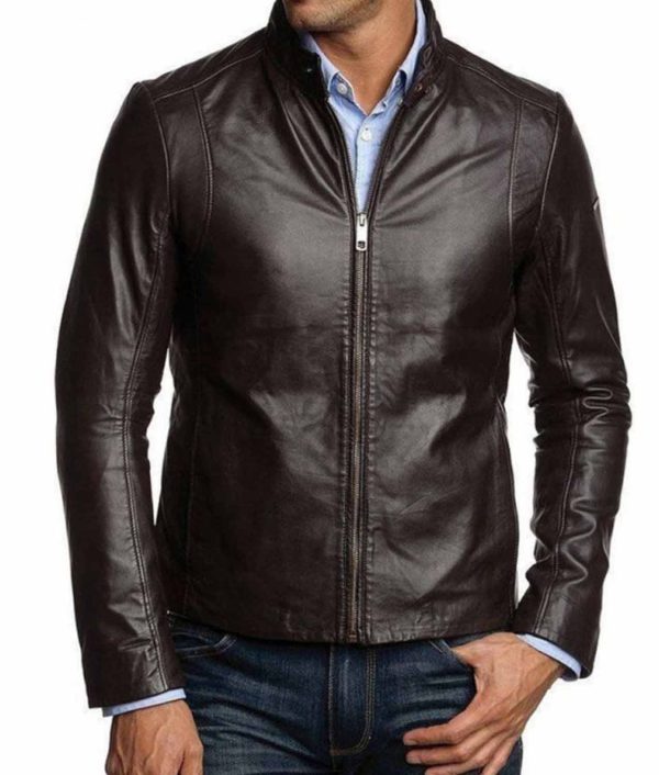 Men’s Casual Simple Look Dark Brown Leather Jacket