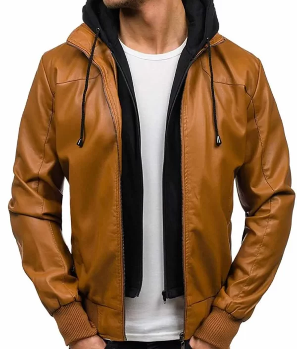 Men’s Causal Camel Brown Bomber Leather Jacket With Hoodie