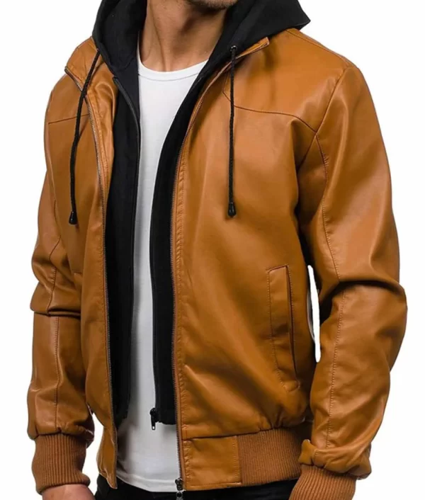 Men’s Causal Camel Brown Bomber Leather Jacket With Hoodies