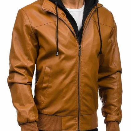 Men’s Causal Camel Brown Bomber Leather With Hoodie Jacket