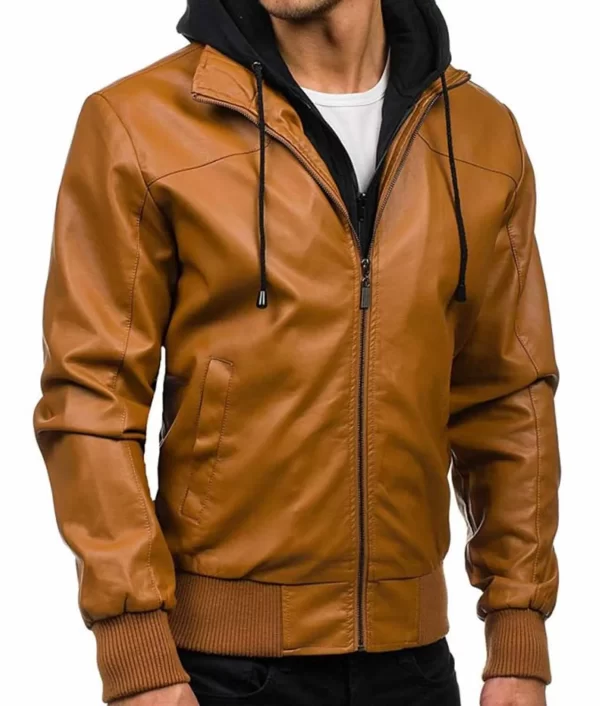 Men’s Causal Camel Brown Bomber Leather With Hoodie Jacket