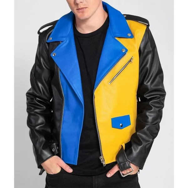 Men’s Color Block Biker Leather Jacket