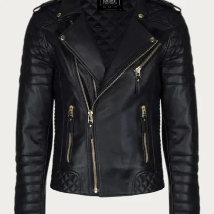 Men’s Gold Zippers Black Biker Leather Jacket