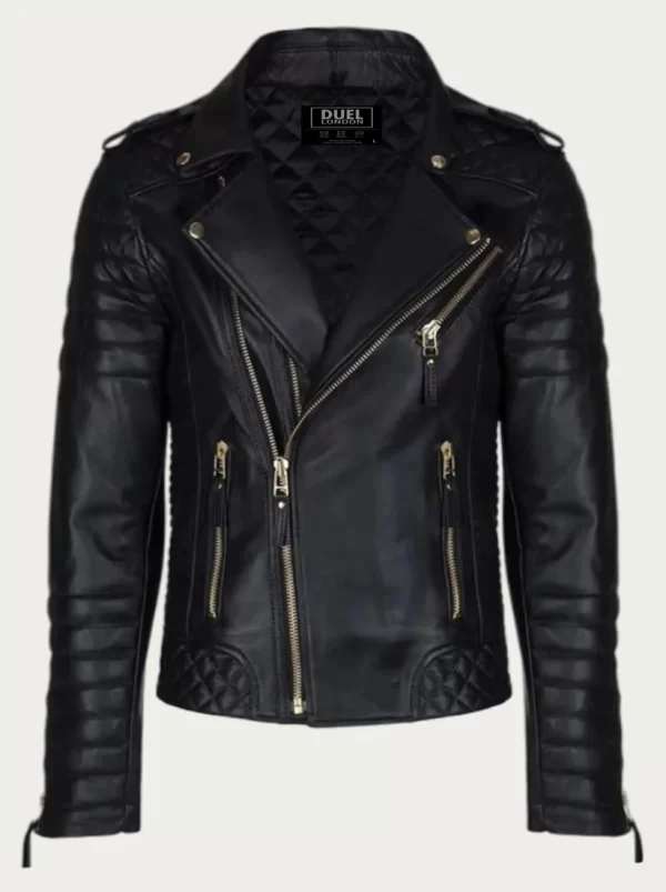 Men’s Gold Zippers Black Biker Leather Jacket