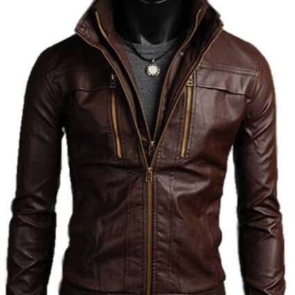 Men’s High Neck Double Collar Slim Fit Dark Brown Leather Jacket