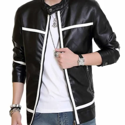 Men’s Slim Fit Biker White Striped Black Leather Jacket