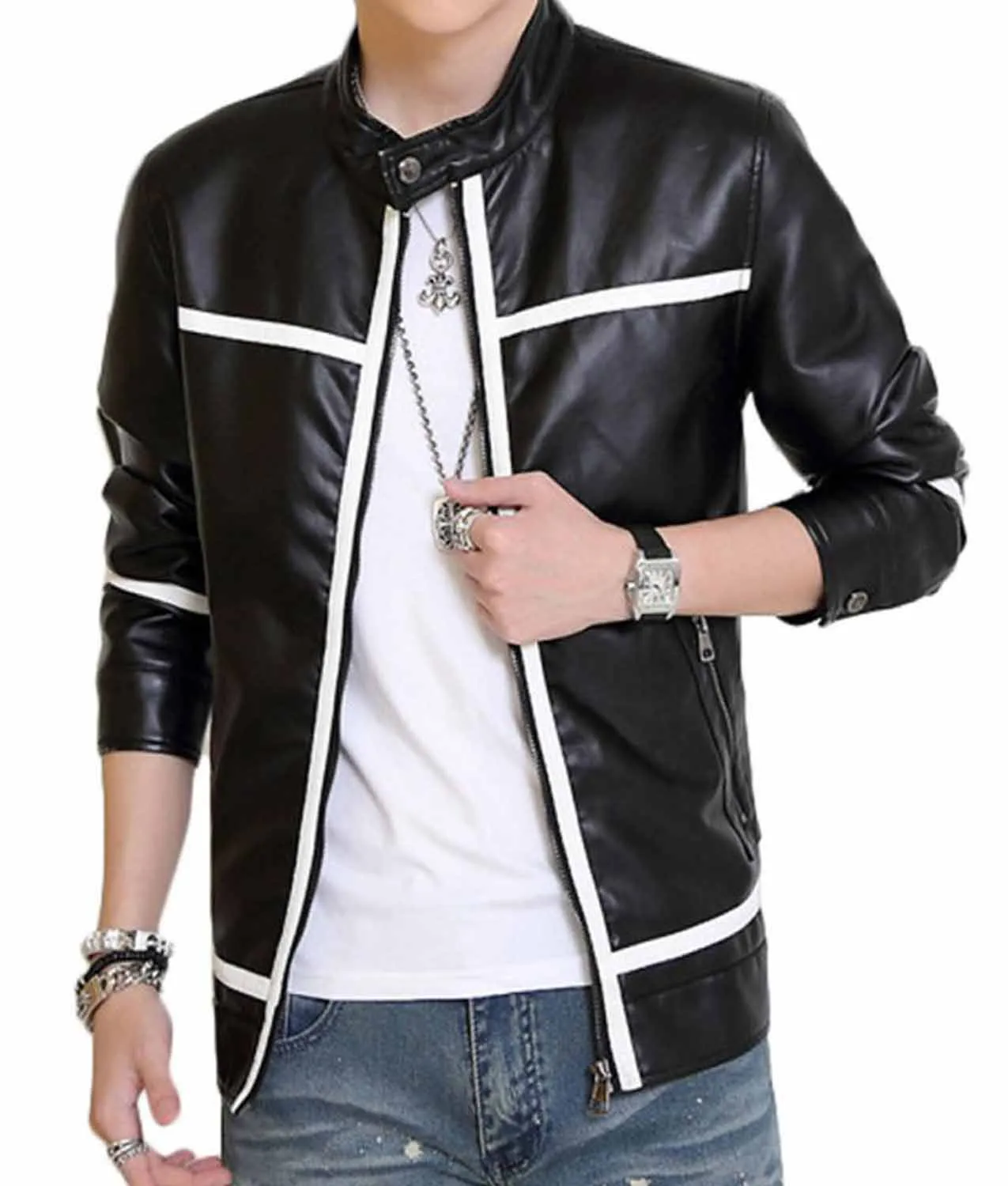 Men’s Slim Fit Biker White Striped Black Leather Jacket