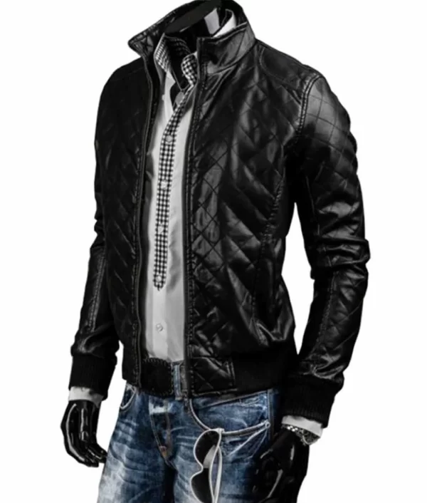 Men’s Slim Fit Black Leather Bomber Quilted Jacket