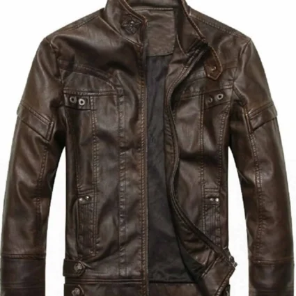Men’s Snap Tab Collar Slim Fit Biker Brown Leather Jacket