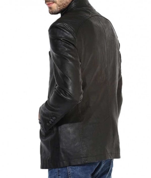 Men’s Stand Up Collar Button Closure Black Leather Jacket Blazer