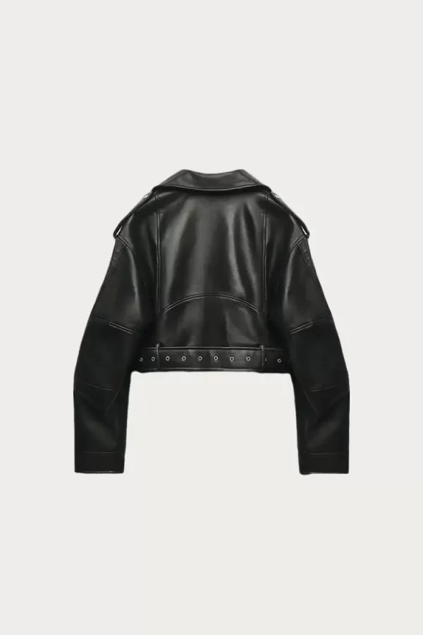 Molly Mae Huge Cropped Black Belted Biker Leather Jacket