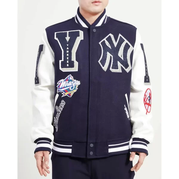 NY Yankees Mashup Navy Blue and White Varsity Jacket