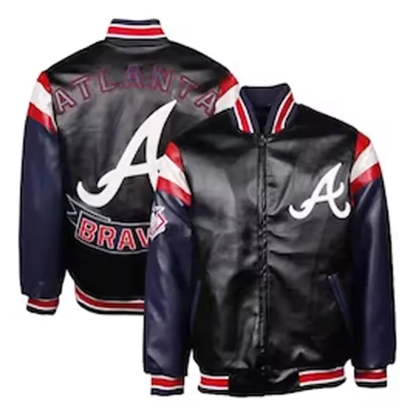 Navy and Black Atlanta Braves Full-Zip Leather Varsity Jacket