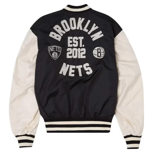 New Era Brooklyn Nets Full-Zip Black Bomber Satin Jacket