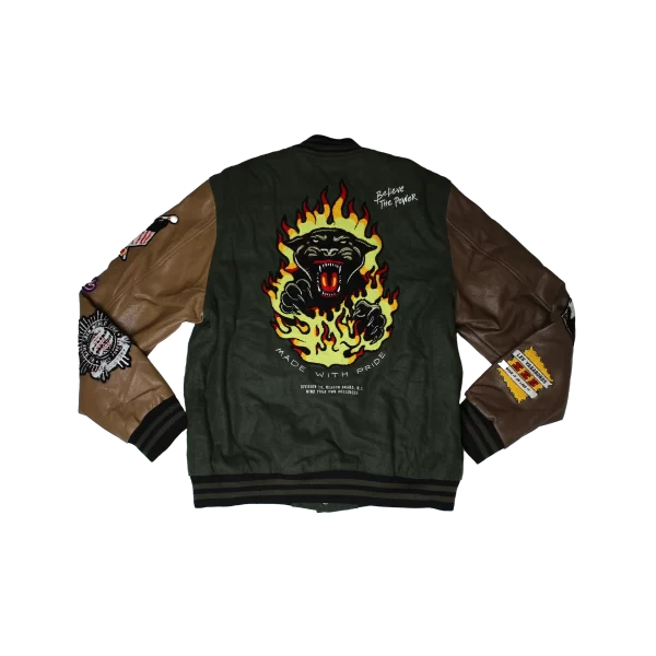 “REASON” Leather Patches Varsity Green Jacket