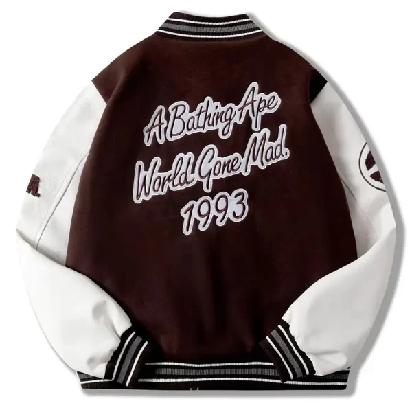 Bape A Bathing Ape Varsity Brown Full-Snap Wool & Leather Jacket