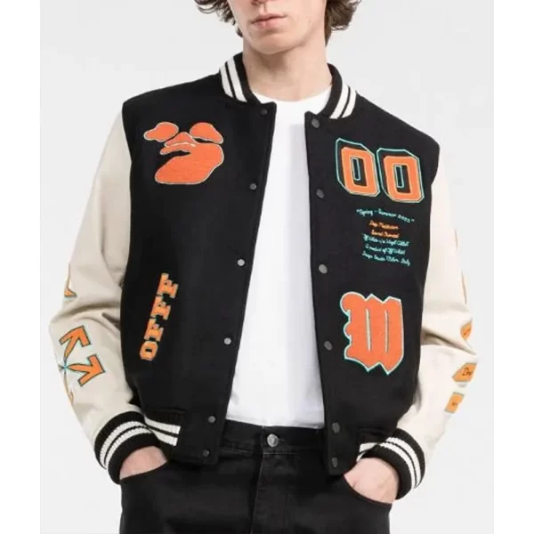 Black and Orange Off White Graphics Varsity Jacket