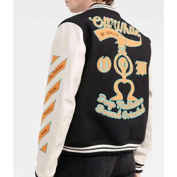 Black and Orange Off White Graphics Varsity Jackets