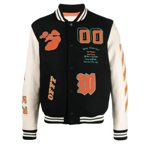 Black and Orange Off White Graphics Wool Varsity Jacket